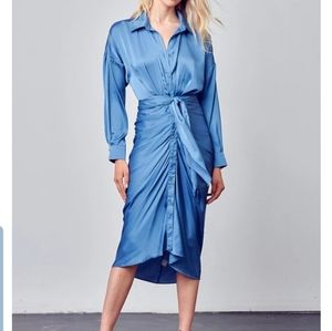 Blue satin dress, mermaid style, tie waist. Size Small